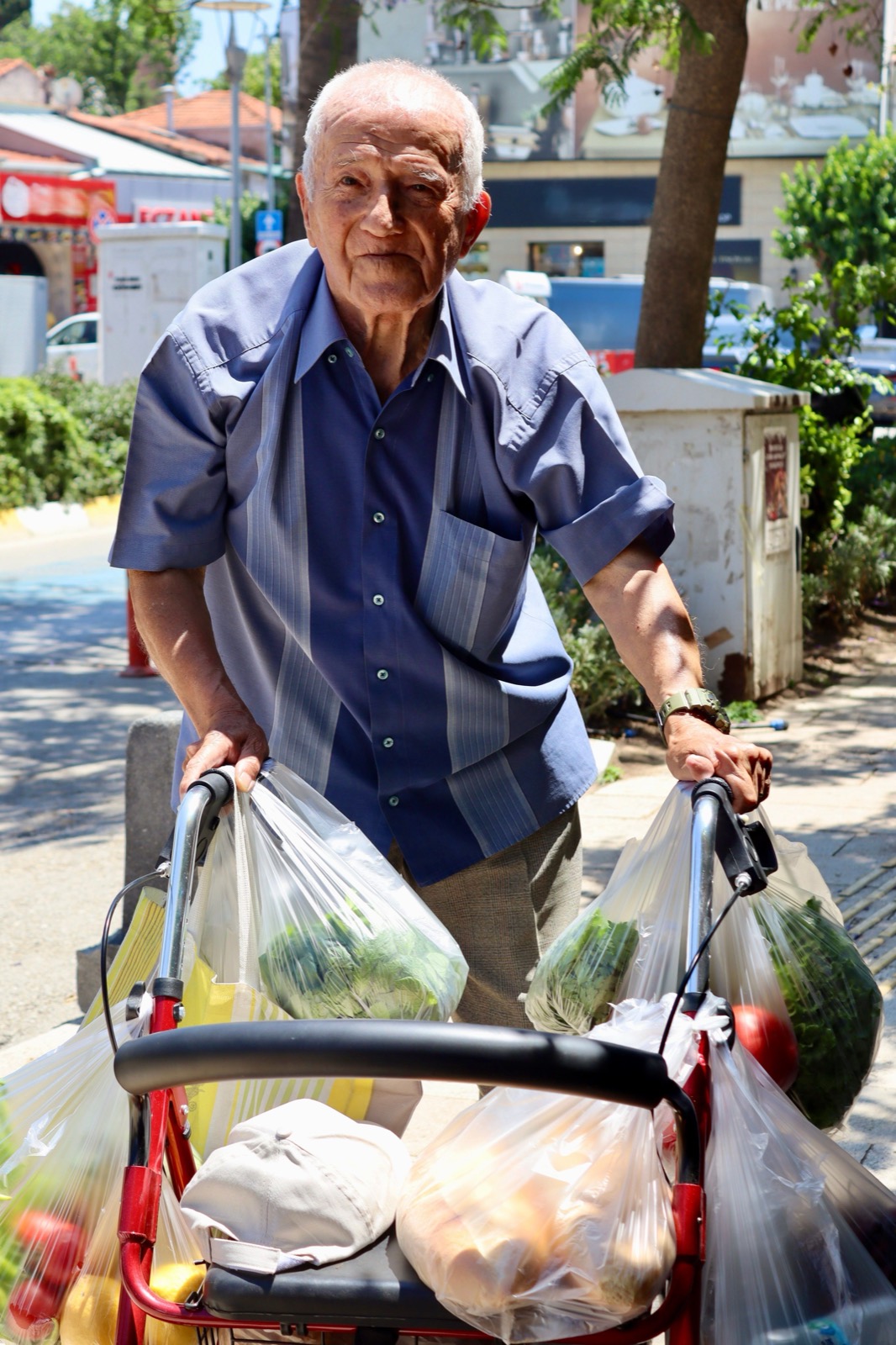 An older man pushes a cart of grocery bags