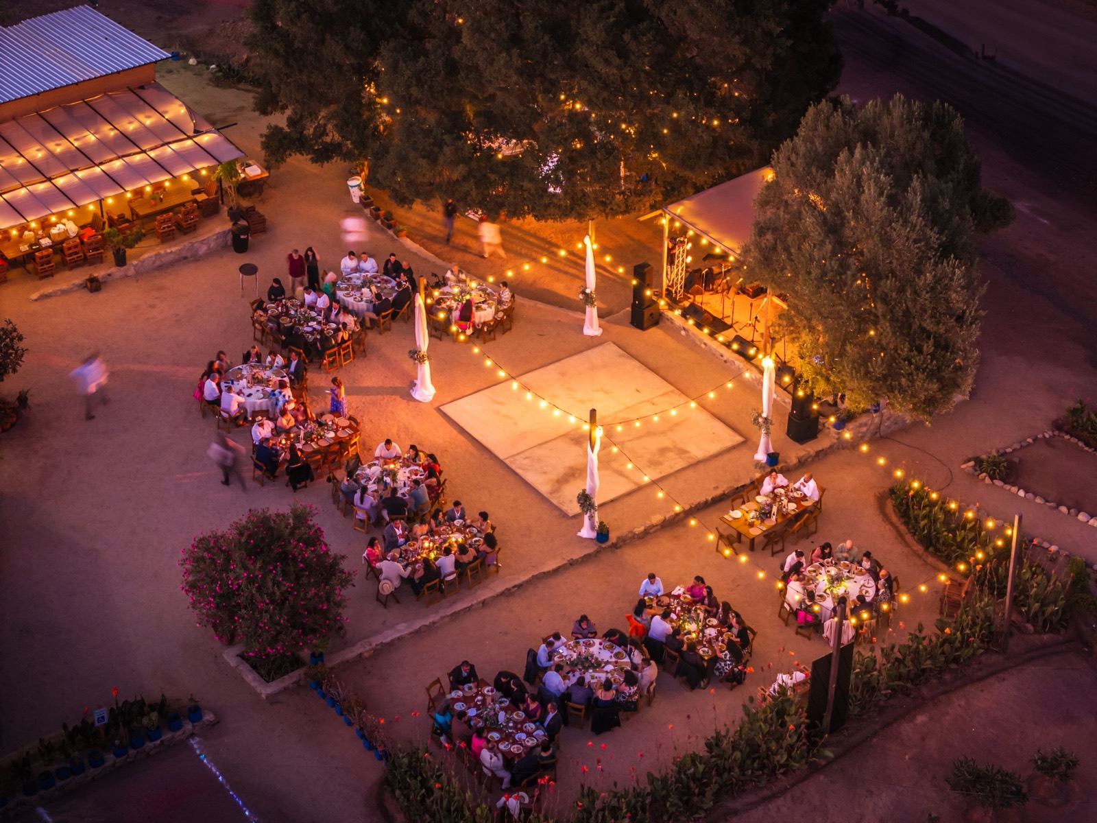 A neighborhood gathering at night under string lights, seen from above